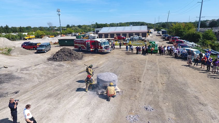 firefighters extinguishing a giant lint ball