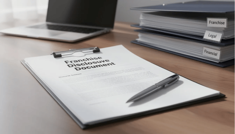 The image depicts a Franchise Disclosure Document, an essential legal agreement that outlines key elements of the franchise relationship, including financial commitments, initial franchise fees, and ongoing obligations of both the franchisor and franchisee. It serves as a vital resource for prospective franchisees to make informed decisions about business opportunities within the franchise system.